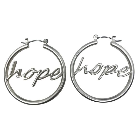 Matte Silver Hope Hoop Earrings - Picture 3 of 3